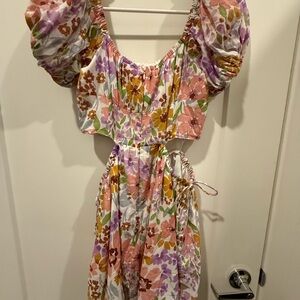 Pink and Orange Puff Sleeve Smocked Mini Dress